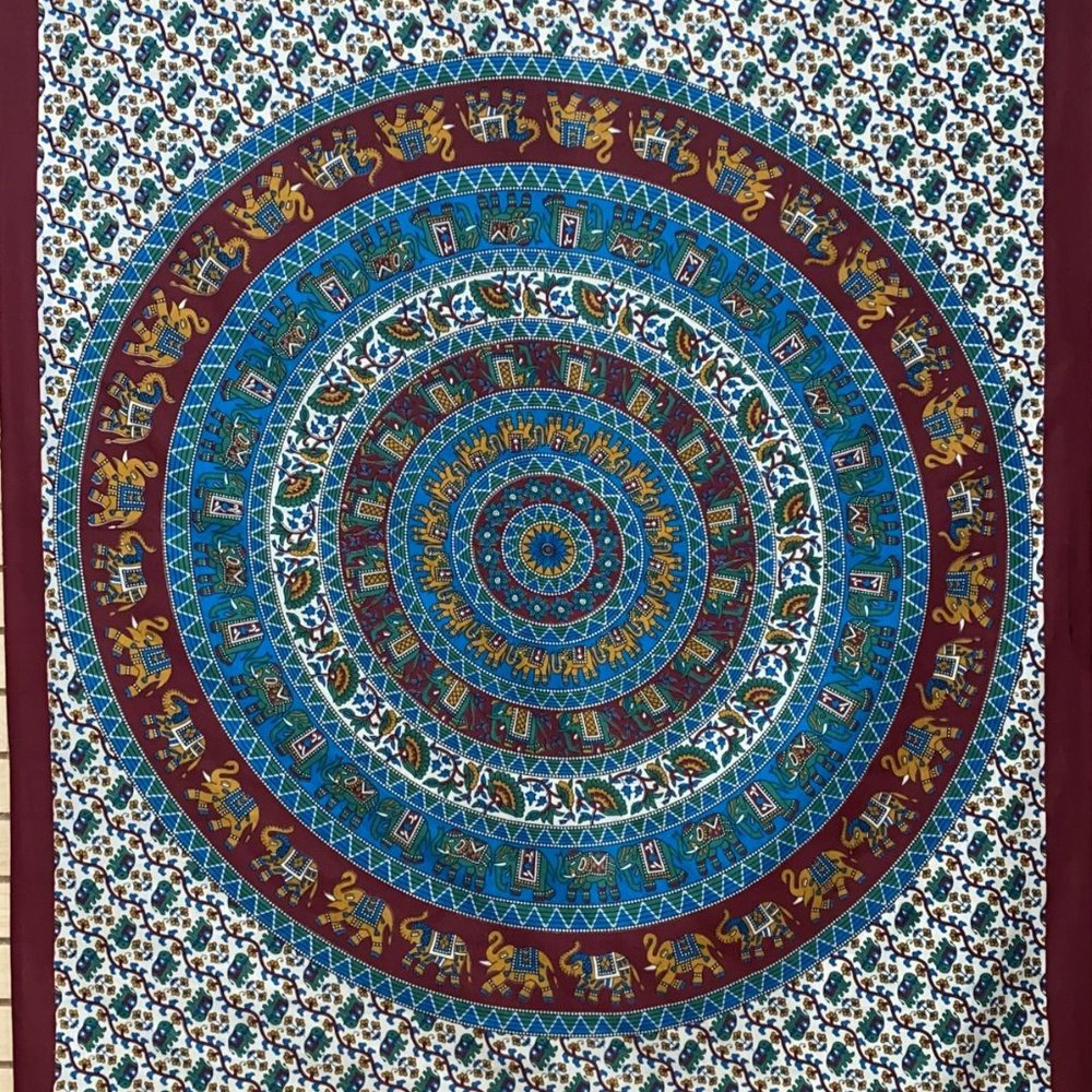 Elephant & Lotus Flower Mandala Tapestry (Maroon)